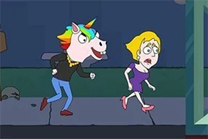 ユニコーンのかぶり物をした人物が女性を追いかけるアニメ風イラスト。