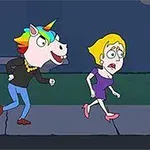ユニコーンのかぶり物をした人物が女性を追いかけるアニメ風イラスト。