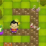 緑の升目模様のフィールドに立つ王冠をかぶったキャラクターとカエルが描かれている。