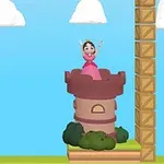 塔の上でピンクのドレスを着た女性が手を挙げている。