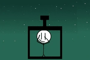 青い背景に星が輝く夜空の中で、黒い四角い箱の中に入っている棒人間のイラスト。