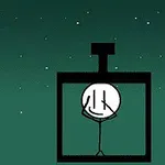 青い背景に星が輝く夜空の中で、黒い四角い箱の中に入っている棒人間のイラスト。