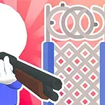 青い服を着たキャラクターが、ショットガンを持ちながら幾何学模様のゲートの前に立っているイラスト。