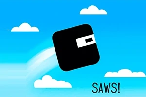 青空を背景に、黒い四角形のキャラクターが空を飛んでいる。