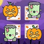 紫色の空を背景に、ハロウィンをテーマにしたカボチャの顔と緑色のモンスターのイラストが描かれている。