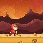 赤いフードをかぶったキャラクターが砂漠のステージを走っており、背後にはスケルトンがいる。