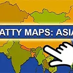アジアの地図の上に「SCATTY MAPS: ASIA」と書かれたテキストと、指を指す手のイラスト。
