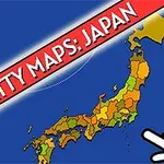 青い背景に日本地図が描かれ、右下に白い手のアイコンが表示されています。