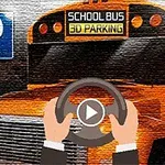 オレンジ色のスクールバスの前に駐車標識があり、中央にハンドルを握る手が描かれています。