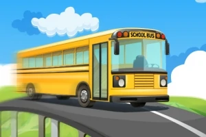 黄色いスクールバスが道路を走っているイラスト。