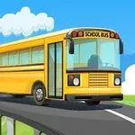黄色いスクールバスが道路を走っているイラスト。