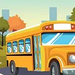 黄色いスクールバスが秋の街路樹のある背景をバックに描かれている。