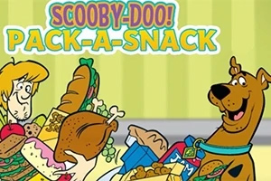 キャラクターが食べ物を持って楽しげに微笑んでいるイラスト。