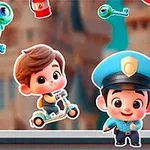 アニメーションスタイルのキャラクターたちがスケートボードやパトカーの衣装で背景の城の前にいる。