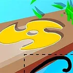 黄色いクレヨンで描かれた複雑な形の図形と緑の草が描かれたイラスト。