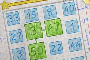 数字が書かれた青と緑の9つの四角が紙に配置されている。