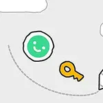笑顔の緑の円と黄色の鍵、鉛筆が描かれたシンプルなイラスト。