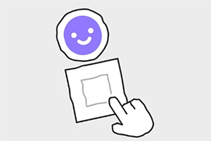 白い背景の上に紫色の笑顔のアイコンと、それを指さす手が描かれているイラスト。