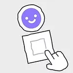 白い背景の上に紫色の笑顔のアイコンと、それを指さす手が描かれているイラスト。
