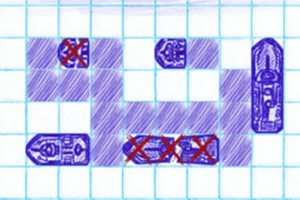 方眼紙に手描きの船と赤いバツ印が付いた四角形のエリア。
