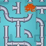 グレーのパイプとオレンジ色のタコが描かれた青い背景の迷路。