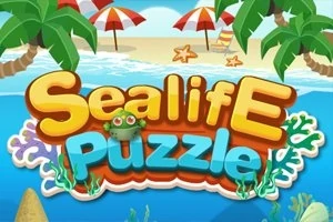 Sealife Puzzleのロゴがビーチの背景にカラフルに表示され、ヤシの木と海の風景が描かれている。