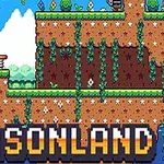 ピクセルアートスタイルのプラットフォームを表示し、葉や蔓で飾られた土のブロックと青空の背景に「SEASONLAND」と書かれた文字がある。