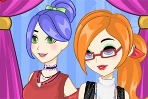 紫色の髪と緑のリボンをつけた人物と、赤いメガネをかけたオレンジ色の髪の人物が描かれている。