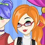 紫色の髪と緑のリボンをつけた人物と、赤いメガネをかけたオレンジ色の髪の人物が描かれている。