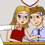 怒った年配の男性が、カップルの男性と女性に指をさしているイラスト。
