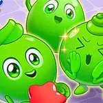緑色のキャラクターが笑顔で集まり、周りにカラフルなアイテムが散らばっているイラスト。