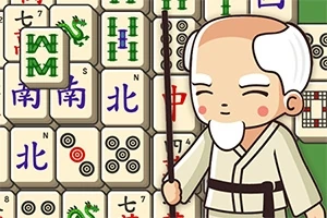 麻雀牌と杖を持った笑顔の老人のキャラクターが描かれている。