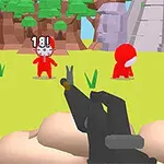 アニメーション風のキャラクター二人が緑の草地に立ち、手前に銃が描かれたシンプルなカートゥーンスタイルの風景。