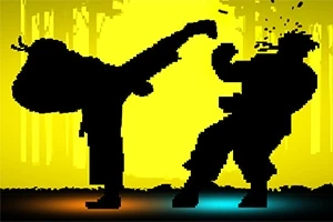 2人のシルエットが黄色い背景の前で戦っている。