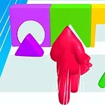 カラフルな形状のマッチングゲームで、赤いキャラクターがさまざまな色と形の障害物に向かって進んでいる場面。