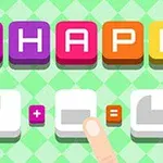 カラフルな文字で「SHAPE」と書かれた緑の市松模様の背景に、パズルのピースが指で示されている画像。
