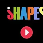 カラフルな文字で「SHAPES」と書かれた黒い背景に、赤い再生ボタンが配置されています。