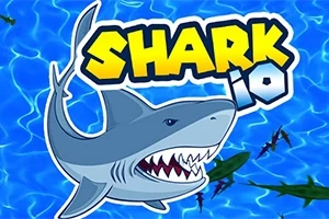 青い海の背景に、鋭い歯をむき出しにしたサメのイラストと「SHARK IO」という文字が表示されている。