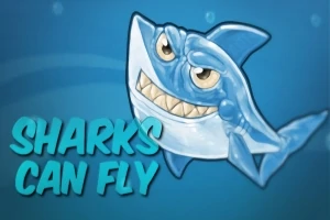 青い背景に飛んでいる笑顔のサメのイラストと「SHARKS CAN FLY」というテキスト。
