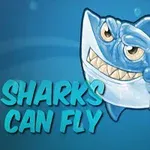 青い背景に飛んでいる笑顔のサメのイラストと「SHARKS CAN FLY」というテキスト。