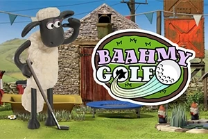 羊がゴルフクラブを持って立っている農場の背景に「BAAHMY GOLF」のロゴ。