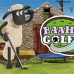 羊がゴルフクラブを持って立っている農場の背景に「BAAHMY GOLF」のロゴ。