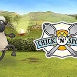 羊が卵を運んでいるシーンと「CHICK N SPOON」のロゴが草原の背景の前に描かれている。