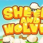 黄色の太字で「SHEEP AND WOLVES」と描かれた文字の上に羊が乗っているイラスト。