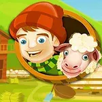 農場の風景の中に、赤い帽子をかぶった男の子と羊が描かれているイラスト。