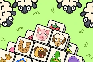 緑の背景にブロック状のアイコンが積み重なっており、羊や動物のイラストが描かれている。