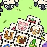 緑の背景にブロック状のアイコンが積み重なっており、羊や動物のイラストが描かれている。