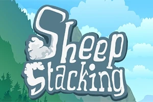 青空と雲を背景にしたカートゥーンスタイルの「Sheep Stacking」という文字。