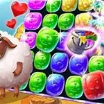 かわいい羊とカラフルなブロックパズルの画面が描かれています。