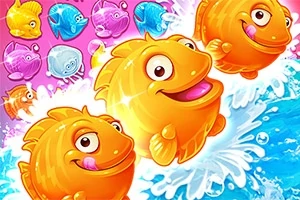 色鮮やかなオレンジ色の魚が水しぶきを上げて泳いでいるカラフルな背景。